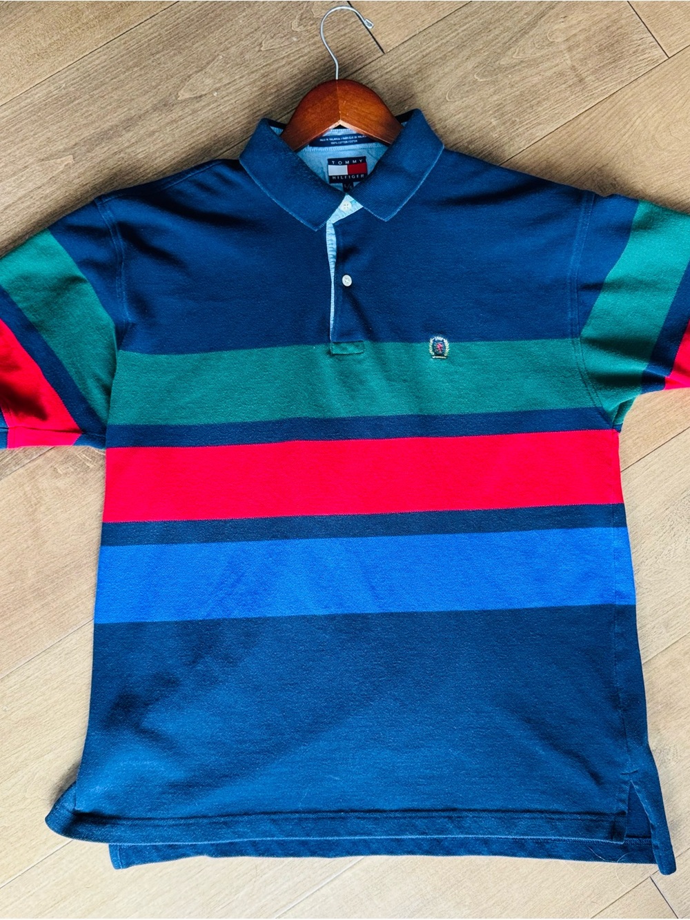 Vintage 90's Tommy Hilfiger Men’s Navy, Green & Red Striped Polo
